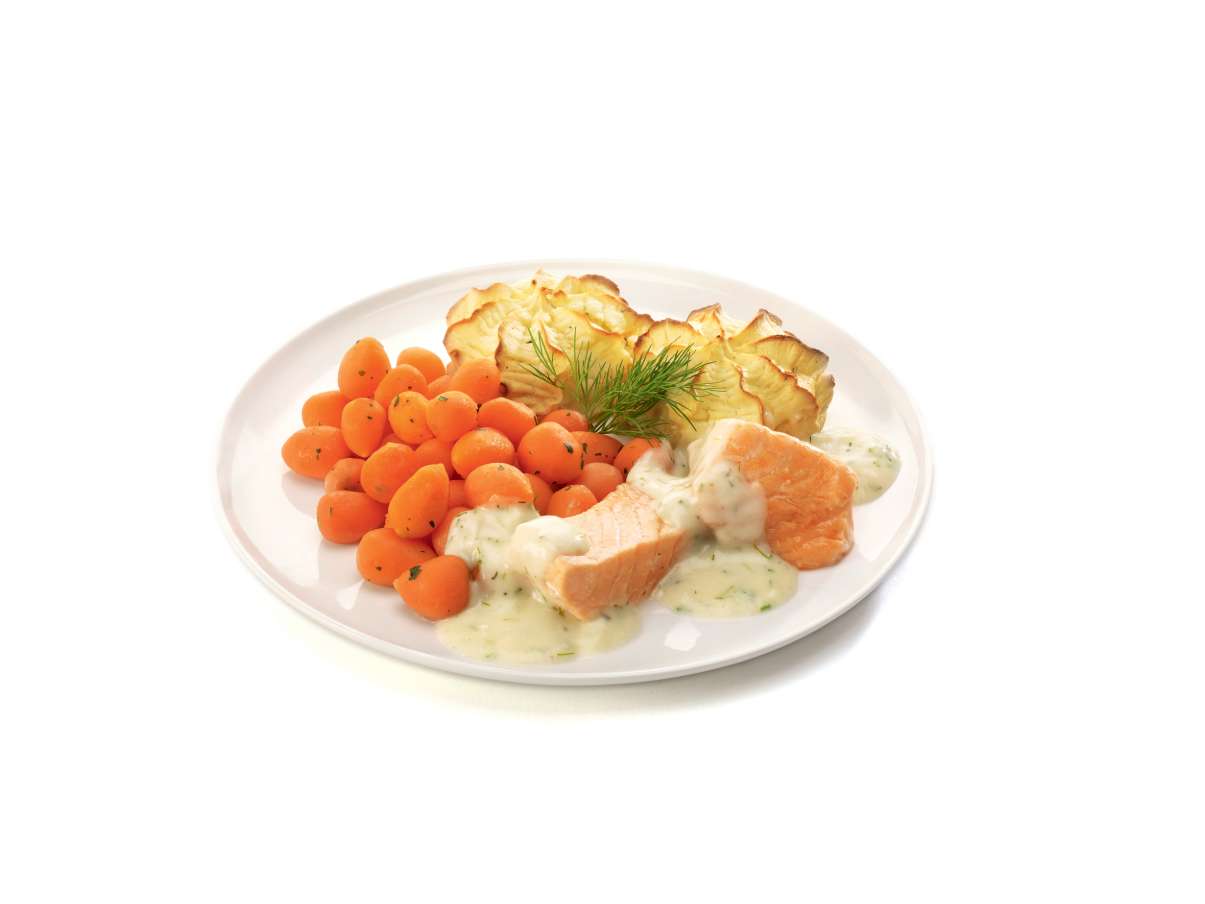 Zalmfilet in dillesaus met Parijse worteltjes en aardappelpuree